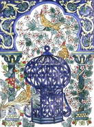 Tunisian and Moroccan mosaic mural with birds and birdcage