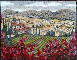 Tuscan landscape mosaic in a field of flowers