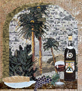 WINE ART AND TROPICAL MOSAIC MURAL palm trees mosaic   WITH ARCH