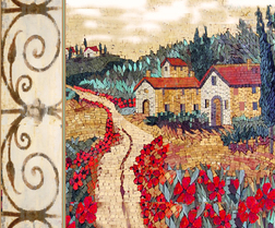 Tuscan landscape with scroll border on left side mosaic