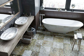 Bathroom floor installation using the spiral square mosaics
