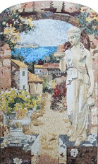  Mediterranean village with statue at entrance mosaic