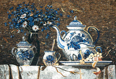  Still life mosaic with teapot, fruit and flowers