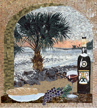Wine art with tropical landscape and stone arch  mosaic mural