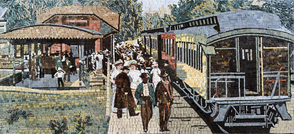 Vintage train station recreated from clients vintage postcard  mosaic