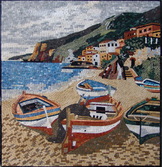 COLORFUL BOATS ON BEACH mosaic mural  SAND AND WATER MOSAIC MURAL