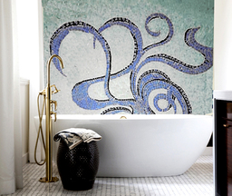 Octopus mosaic on wall of bathroom.. Whimsical and charming
