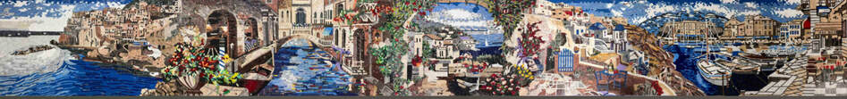 An outstanding panoramic stone mosaic view of the Mediterranean, Greece, and Venice, Portofino