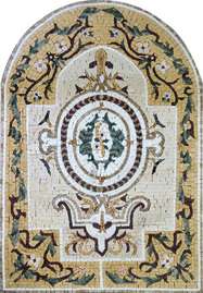 Radius entryway mosaic with scrolls and flowers