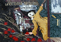 Victoria Arduino coffee poster of barrister mosaic recreated for client as a horizontal.. cups in mosaic is glass.. rest of it is stone