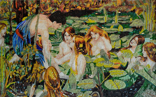 GLASS WITH MARBLE ......BATHING FIGURES BY WATERHOUSE  MOSAIC MURAL   ..HYLOS AND THE NYMPHS BY WATERHOUSE.  THE PAINTING WAS RECREATED AS A FABULOUS GLASS MOSAIC.. 