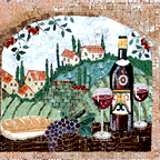 Wine art mosaics, wine bottles, glasses, cheese, bread mosaics