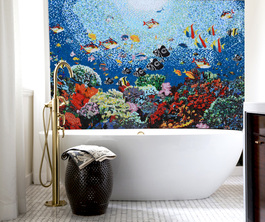 Underwater glass mosaic behind bathtub.. Swim with the fishes