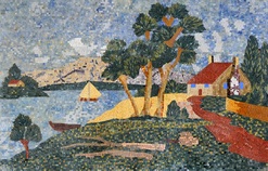 river, boats, beach mosaic mural  