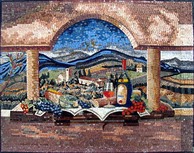 wine art and Tuscan vineyard mosaic mural