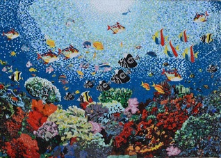 SPARKLY  GLASS MOSAIC MURAL  UNDER THE SEA FISH, CORAL 