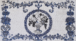 Scrollwork and topiaries and fruit or flowers mosaic