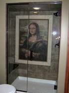 Mona Lisa bathroom mosaic backsplash in bathroom