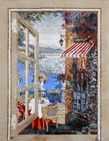 WINDOW TO  water and beach mosaic  murals  TUSCAN VILLAGE MOSAIC MURALS