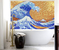 Abstract Hokusai Wave in glass with gold glass accents. Great backdrop for bathroom, or  dramatic  seafood restaurant