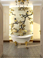 Birds on branches mosaic bathroom wall installation