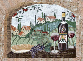 wine art mosaic mural with Tuscan landscape and arch