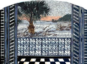 Through a window tropical palm trees mosaic mural