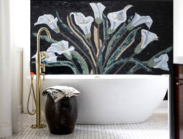 Lilies Mosaic mural behind tub in bathroom installation